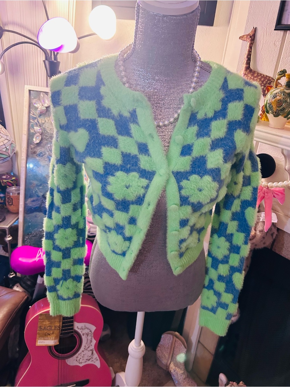 Forever 21 Lime Green and Blue Fuzzy Floral Check Cardigan